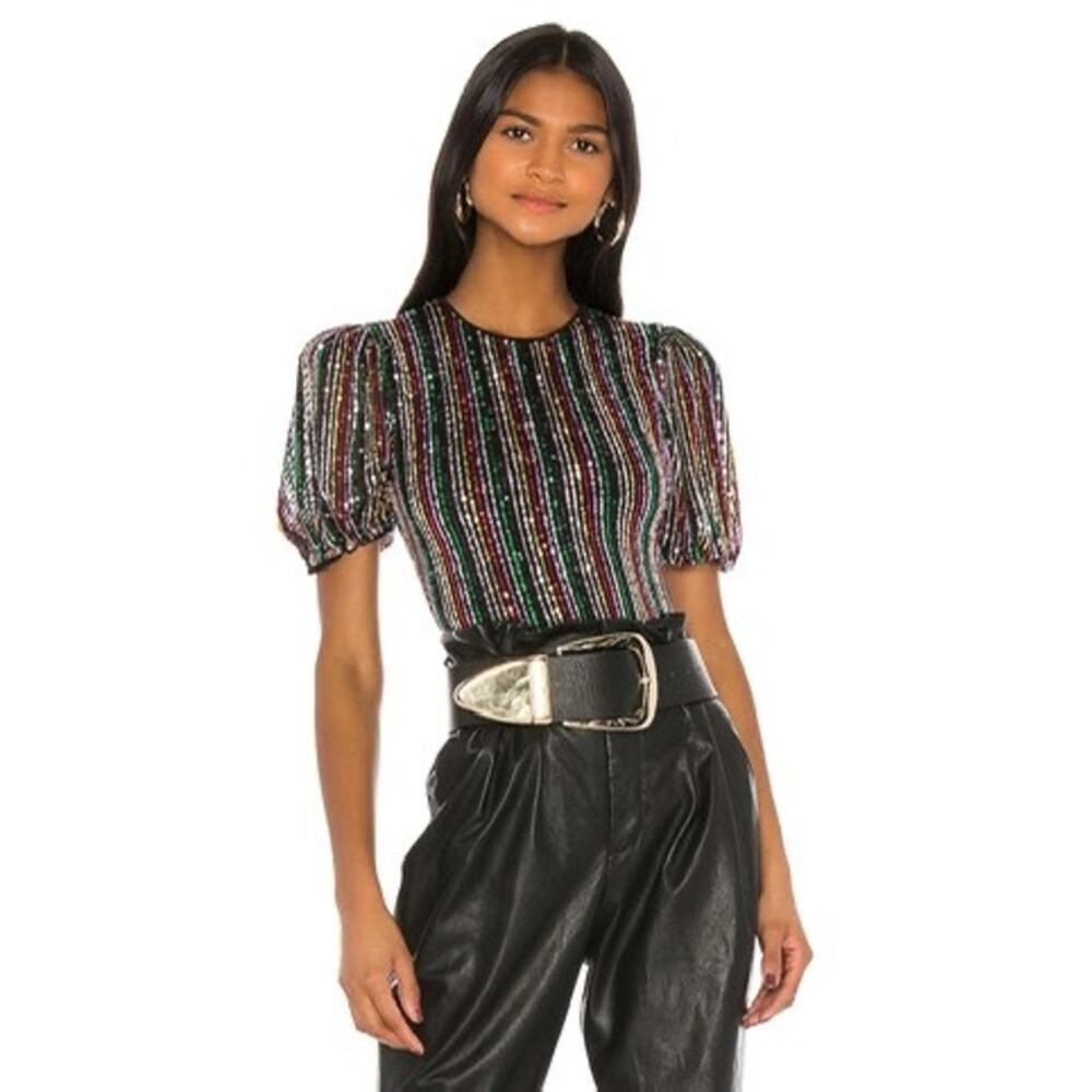 Lovers + Friends Olivia Sequin Bodysuit Rainbow Small Puff Sleeve Size: Small